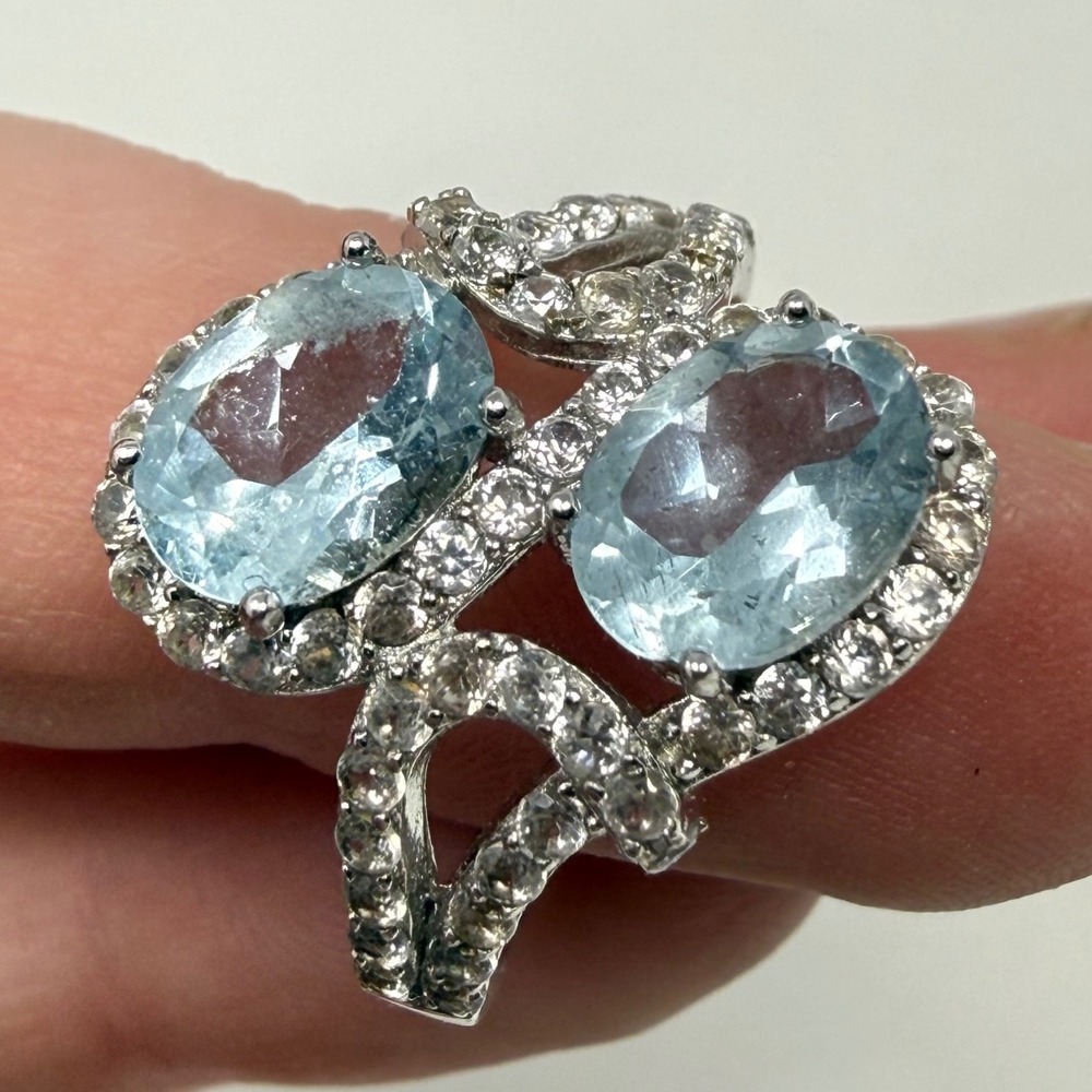 925 Sterling Silver Blue Topaz Aquamarine Bypass Halo Ring Size 7 FZN CN‎